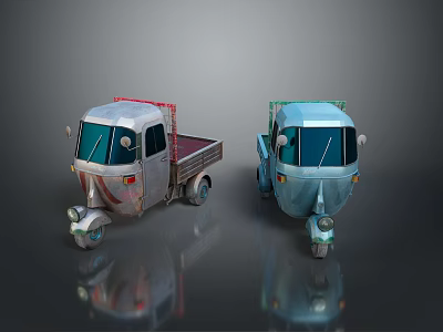 Two Different Colored Cargo Tricycles With Open Bed And Front Cabin Design 3d model