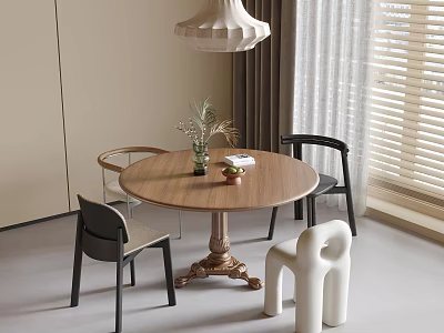 Modern Dining Room Round Wooden Table With Chairs Curtain Pendant Light And Green Plant 3d model