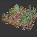 Colorful Amusement Park Architecture Featuring Ferris Wheel Roller Coaster Tracks Castle Tower And Green Trees