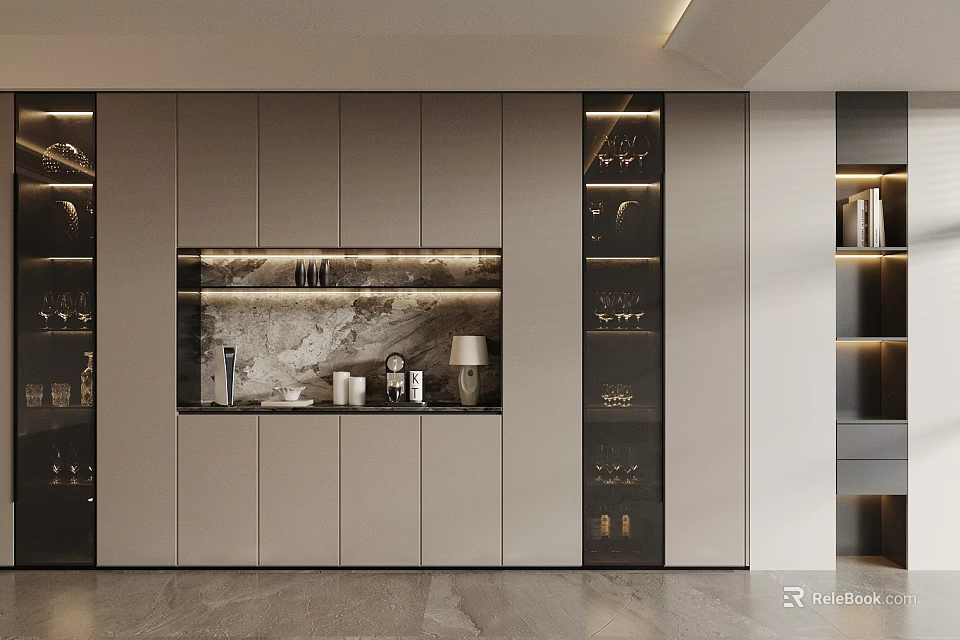 Modern Dining Room Sideboard Design With Marble Panel Glass Doors And Wine Racks 3d model 