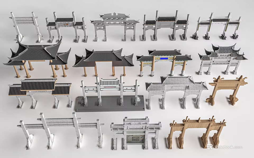 Collection of Traditional Chinese Memorial Archways With Diverse Styles And Structures 3d model 