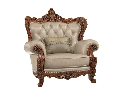 Elegant Classic Single Sofa With Ornate Carved Wooden Frame Beige Upholstery And Decorative Pillow 3d model