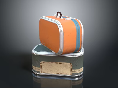 Retro Stacked Suitcases With Orange Blue Stripes Green Label And Metallic Trim 3d model