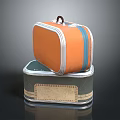 Retro Stacked Suitcases With Orange Blue Stripes Green Label And Metallic Trim