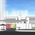 Modern Sales Office Building With Glass Curtain Wall White Exterior And Greenery