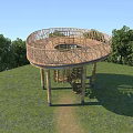 Circular Road Observation Decks With Spiral Stairs Wooden Structures And Metal Railings On Grassland