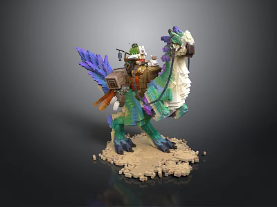 Colorful Dragon Model With Green Blue Purple Scales And Rider On Stone Base 3d model
