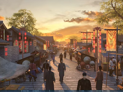 Traditional Ancient Architecture Street Scene Under Sunset With Hanging Lanterns Pedestrians And Shops 3d model
