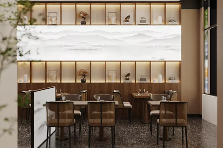 New Chinese Restaurant Dining Table and Chair Combination Bamboo Chair Hanging Picture Restaurant Card Seat Area Dining Chair Table and Chair Chinese Restaurant Tea Restaurant Vegetarian Restaurant 3d model