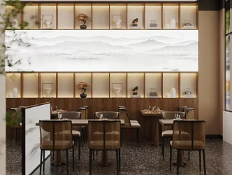 New Chinese Restaurant Dining Table and Chair Combination Bamboo Chair Hanging Picture Restaurant Card Seat Area Dining Chair Table and Chair Chinese Restaurant Tea Restaurant Vegetarian Restaurant 3d model