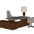 Modern Executive Office Desk With Wooden Cabinet Two Beige Chairs And Table Lamp
