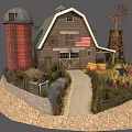 Traditional Farm Barn With Red Silo Windmill And Hay Bales Tractor