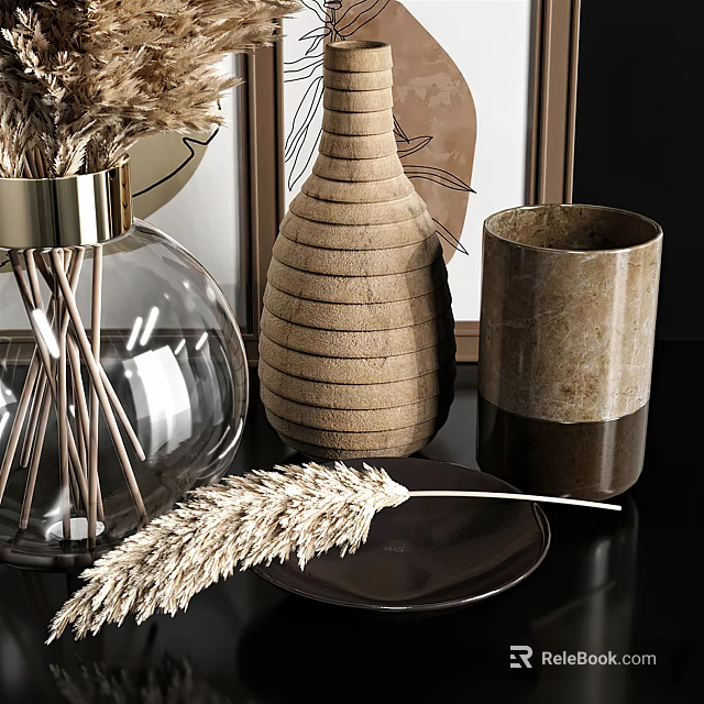 Decorative Ornament Set Featuring Glass Vase Dried Reeds Woven Striped Vase Gradient Cup And Plate 3d model 