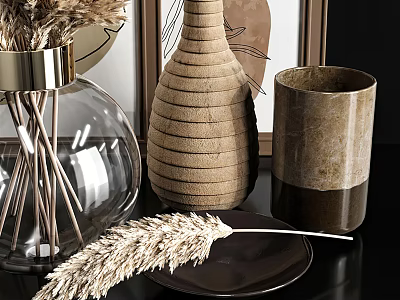 Decorative Ornament Set Featuring Glass Vase Dried Reeds Woven Striped Vase Gradient Cup And Plate 3d model