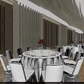 Elegant Modern Banquet Hall With Round Tables White Chairs And Wooden Walls