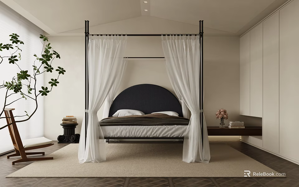 Modern Bedroom With Black Frame Four Poster Bed White Drapes Rounded Headboard And Green Plant 3d model 