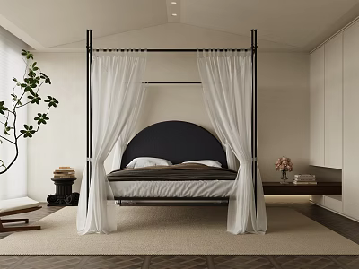 Modern Bedroom With Black Frame Four Poster Bed White Drapes Rounded Headboard And Green Plant 3d model