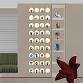 Modern Stylish Figure Cabinet Interior Design With Circular Display Holes Collectible Figures And Red Chair