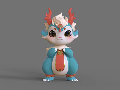 Cute Cartoon Dragon Figurine With Blue Body Red Horns And Decorative Sash 3d model