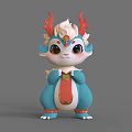 Cute Cartoon Dragon Figurine With Blue Body Red Horns And Decorative Sash
