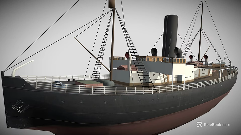 Vintage Ship Featuring Black Hull Brown Bottom White Superstructure Black Smokestack Ladders And Railings 3d model 