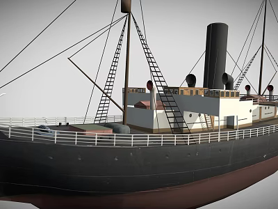 Vintage Ship Featuring Black Hull Brown Bottom White Superstructure Black Smokestack Ladders And Railings 3d model