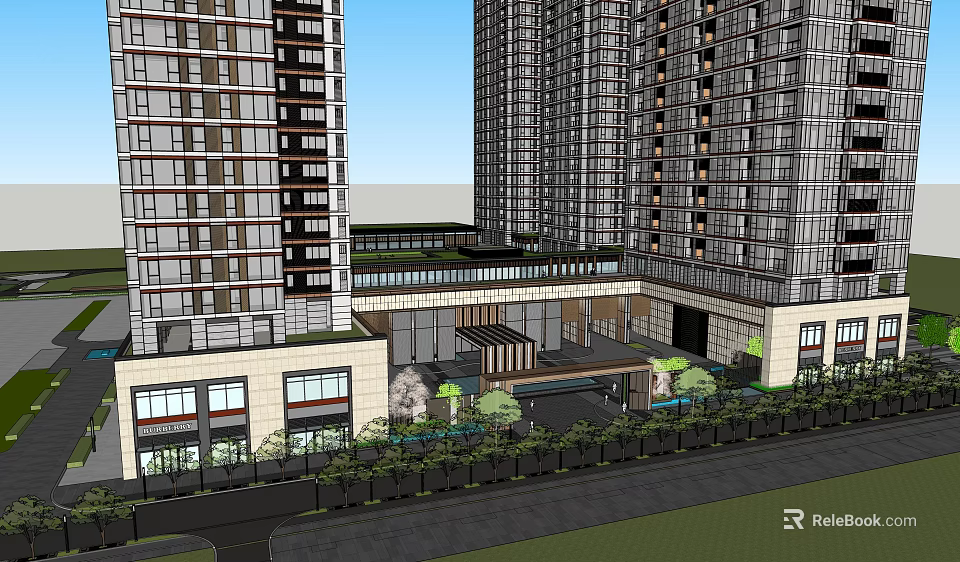 Modern High rise Residential Building Complex With Ground Floor Commercial And Greenery 3d model 