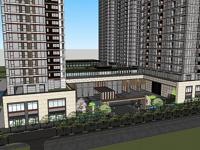 Modern High rise Residential Building Complex With Ground Floor Commercial And Greenery 3d model
