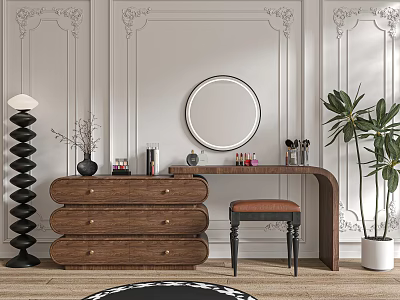 Wooden Dressing Table With Round Mirror Drawers Stool And Potted Plant Against White Decorative Wall 3d model