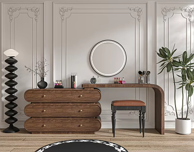 Wooden Dressing Table With Round Mirror Drawers Stool And Potted Plant Against White Decorative Wall 3d model
