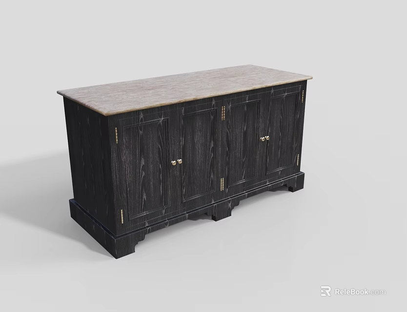 Elegant Black Wooden Entryway Sideboard Cabinet With Gray Top And Metal Handles 3d model 