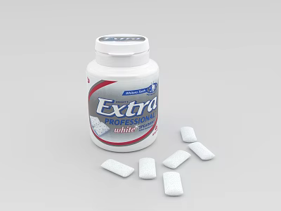 Extra Professional Whitening Chewing Gum Bottle With White Pieces On Surface 3d model
