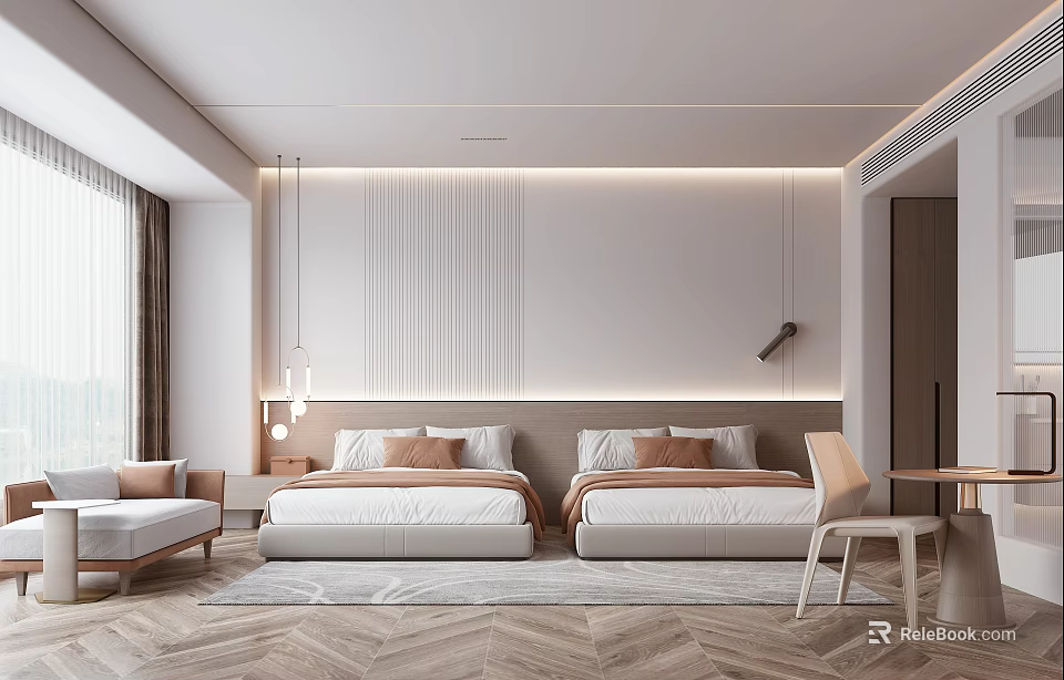 Modern Minimalist Hotel Guest Room Featuring Twin Beds Wooden Flooring Bedside Light Strips And Sofa 3d model 