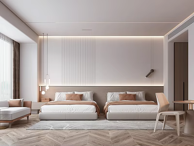 Modern Minimalist Hotel Guest Room Featuring Twin Beds Wooden Flooring Bedside Light Strips And Sofa 3d model