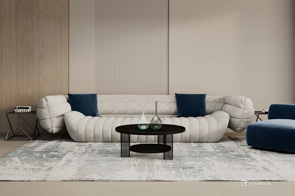 Beige Sofa With Dark Blue Cushions And Black Coffee Table In Modern Living Room 3d model 