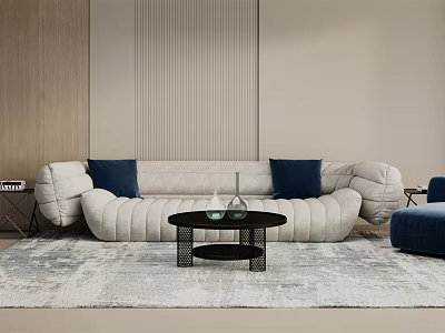Beige Sofa With Dark Blue Cushions And Black Coffee Table In Modern Living Room 3d model