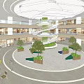 Modern Indoor Atrium Space With Spiral Staircase Multi Level Design Green Plants And Circular Ceiling