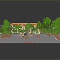 Modern Courtyard Scene With Green Grass Trees Path And Orange Roof Building