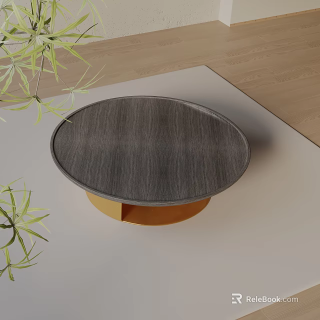 Contemporary Sofa Coffee Table Set With Round Gray Wooden Top Light Brown Base And Plants 3d model 