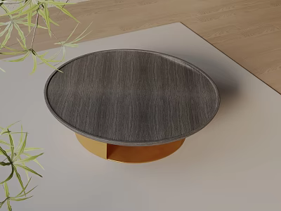 Contemporary Sofa Coffee Table Set With Round Gray Wooden Top Light Brown Base And Plants 3d model