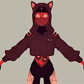 Cartoon Character With Cat Ears Mask And Black Red Stylish Hoodie Outfit