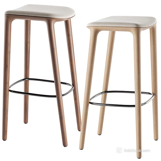 Modern Bar Stools With Wooden Legs Metal Footrest And Upholstered Seats 3d model 