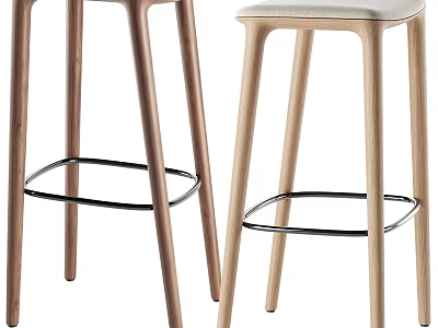 Modern Bar Stools With Wooden Legs Metal Footrest And Upholstered Seats 3d model