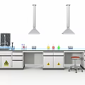 Laboratory Setup With Blue Countertop Fume Hoods Reagent Bottles Sink Faucet And Warning Signs