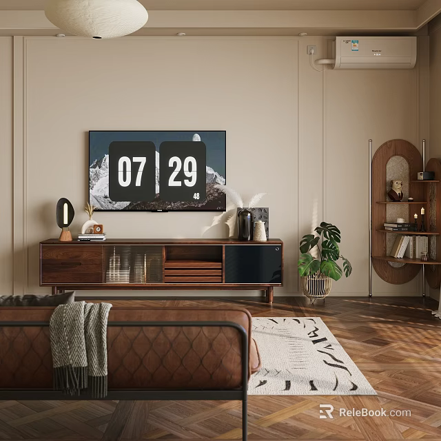 Warm Vintage Style Living Room With Wooden TV Cabinet Leather Sofa And Exquisite Home Decorations 3d model 