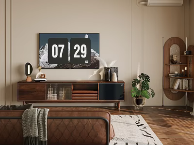 Warm Vintage Style Living Room With Wooden TV Cabinet Leather Sofa And Exquisite Home Decorations 3d model
