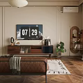 Warm Vintage Style Living Room With Wooden TV Cabinet Leather Sofa And Exquisite Home Decorations