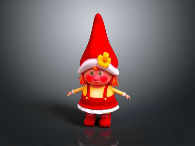 Adorable Red Hat Doll With Yellow Flower Red Hair Red Cheeks And Red Dress 3d model