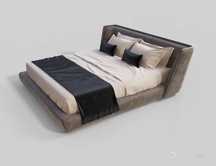 Modern Double Bed with Upholstered Headboard Multiple Pillows and Black Throw Blanket 3d model