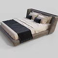 Modern Double Bed with Upholstered Headboard Multiple Pillows and Black Throw Blanket 3d model